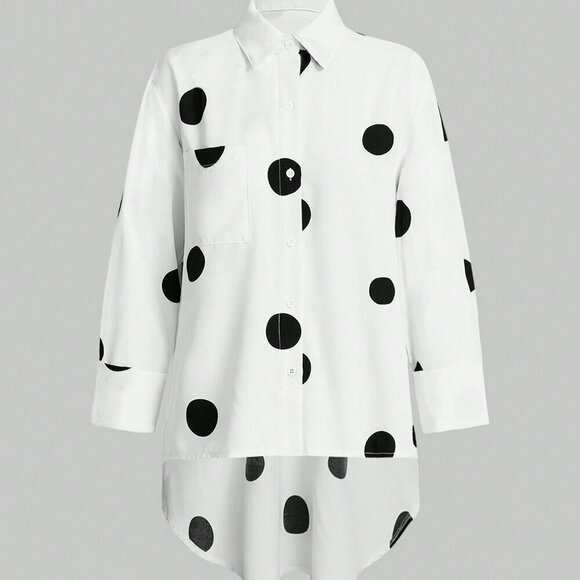 White Casual Women's Long Sleeve Polka Dot Print Loose Shirt - Picture 3 of 5